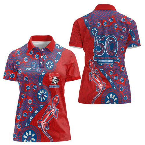 Newcastle Knights NAIDOC Week 2026 Women Polo Shirt Aboriginal Lizard Dot Painting - 50 Years of Deadly