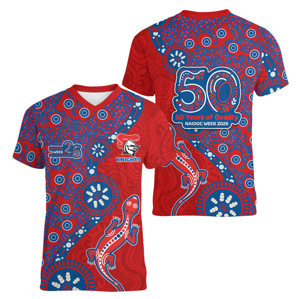 Newcastle Knights NAIDOC Week 2026 Women V-Neck T-Shirt Aboriginal Lizard Dot Painting - 50 Years of Deadly