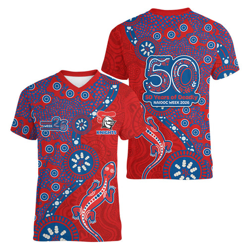 Newcastle Knights NAIDOC Week 2026 Women V-Neck T-Shirt Aboriginal Lizard Dot Painting - 50 Years of Deadly