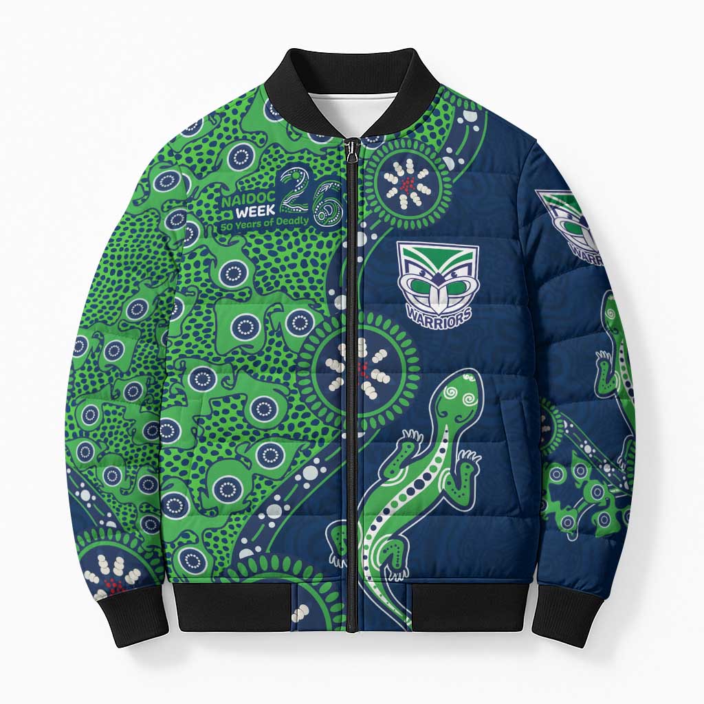 New Zealand Warriors NAIDOC Week 2026 Bomber Puffer Jacket Aboriginal Lizard Dot Painting - 50 Years of Deadly
