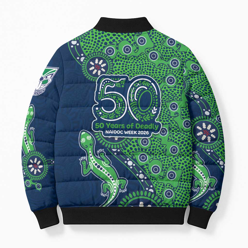 New Zealand Warriors NAIDOC Week 2026 Bomber Puffer Jacket Aboriginal Lizard Dot Painting - 50 Years of Deadly