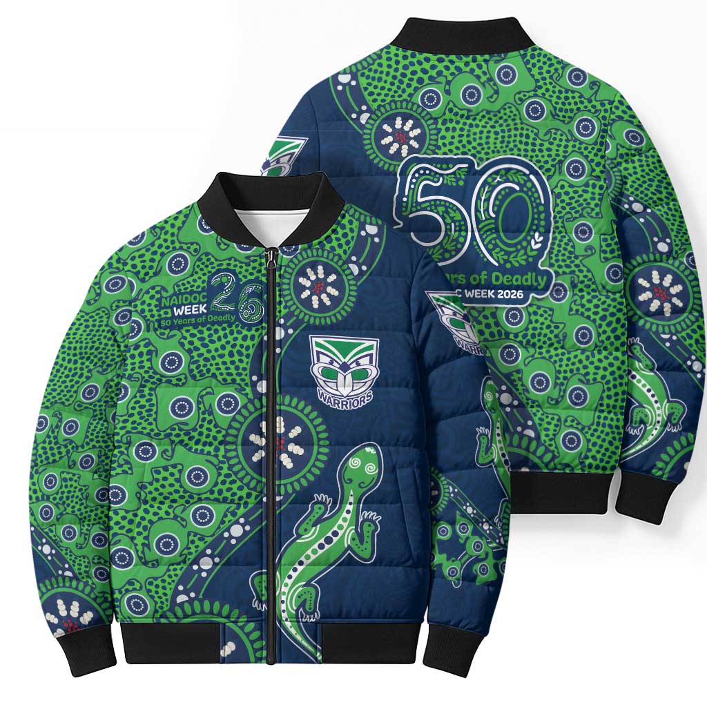 New Zealand Warriors NAIDOC Week 2026 Bomber Puffer Jacket Aboriginal Lizard Dot Painting - 50 Years of Deadly