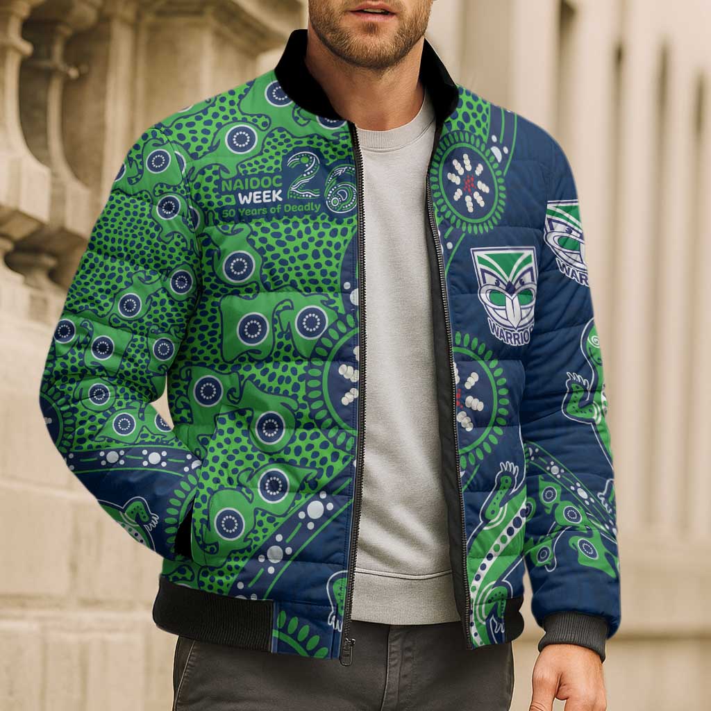 New Zealand Warriors NAIDOC Week 2026 Bomber Puffer Jacket Aboriginal Lizard Dot Painting - 50 Years of Deadly