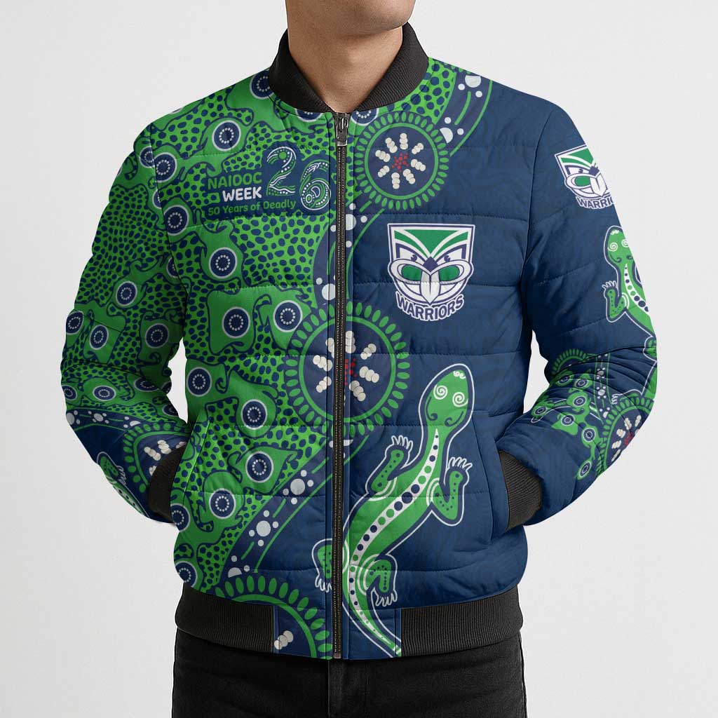 New Zealand Warriors NAIDOC Week 2026 Bomber Puffer Jacket Aboriginal Lizard Dot Painting - 50 Years of Deadly