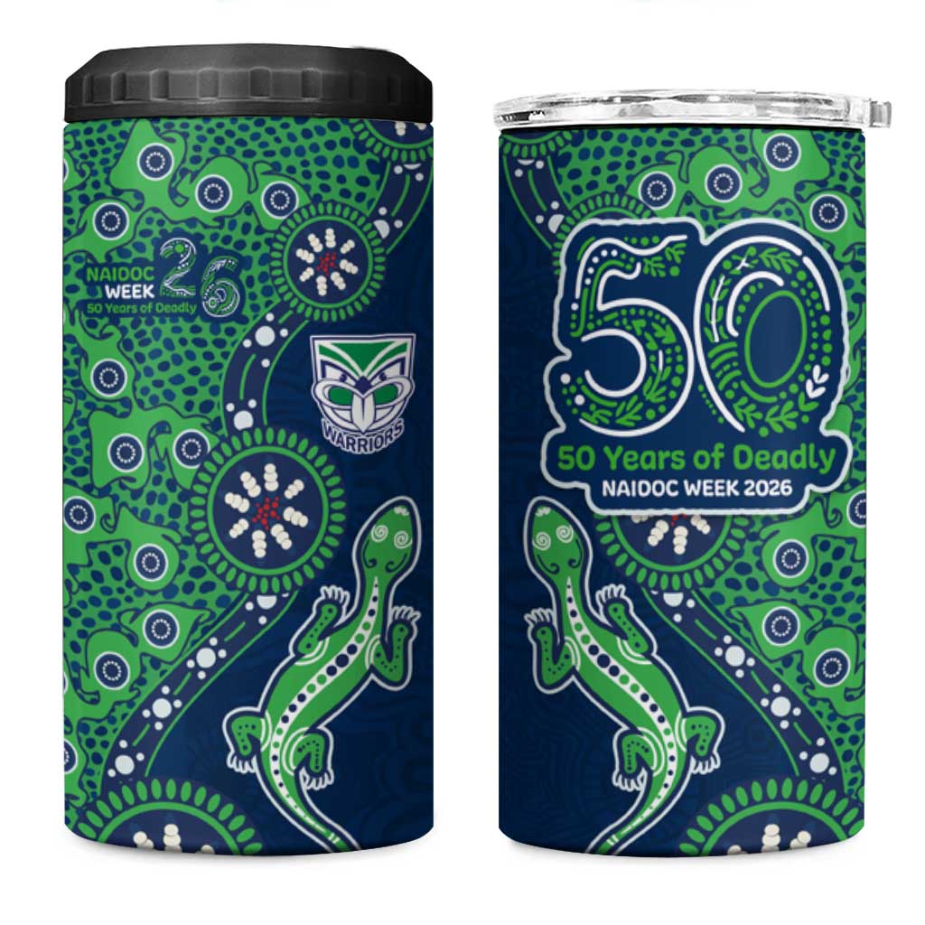 New Zealand Warriors NAIDOC Week 2026 4 in 1 Can Cooler Tumbler Aboriginal Lizard Dot Painting - 50 Years of Deadly