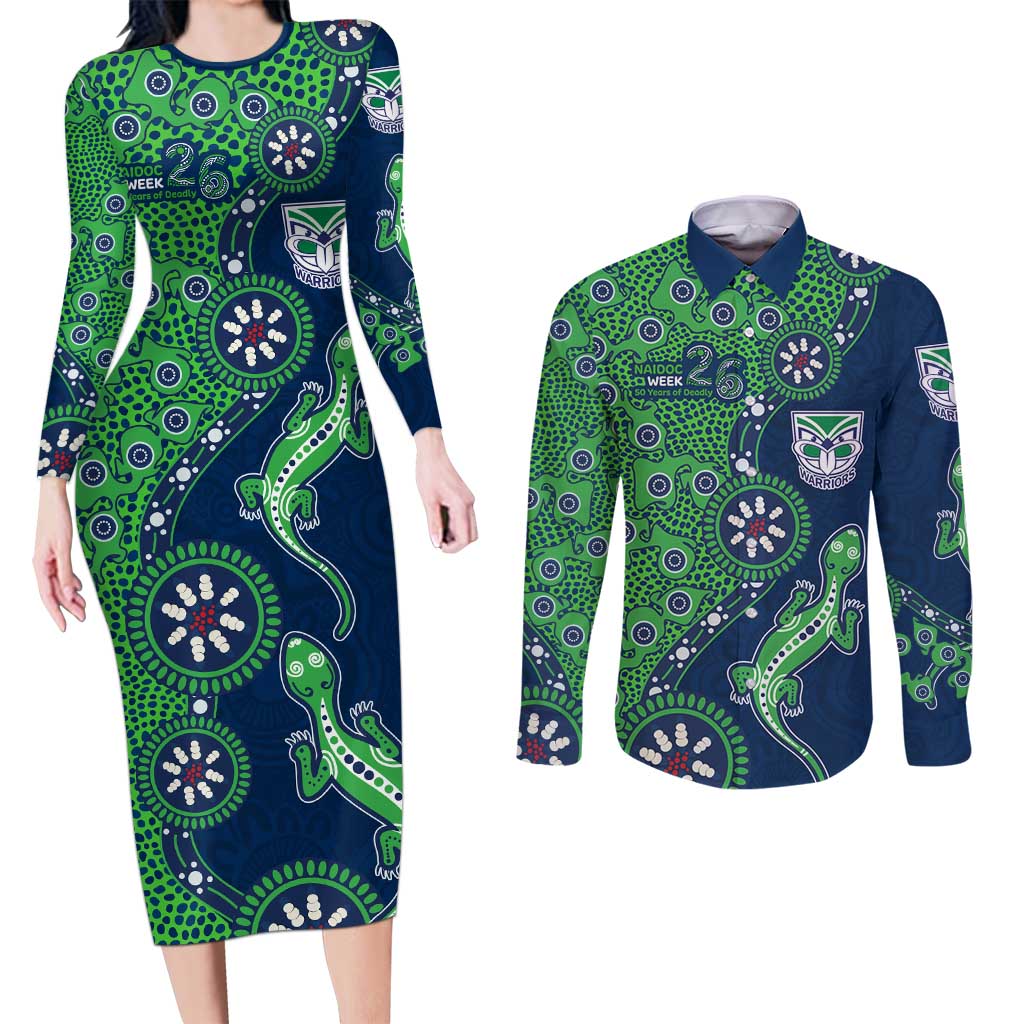 New Zealand Warriors NAIDOC Week 2026 Couples Matching Long Sleeve Bodycon Dress and Long Sleeve Button Shirt Aboriginal Lizard Dot Painting - 50 Years of Deadly