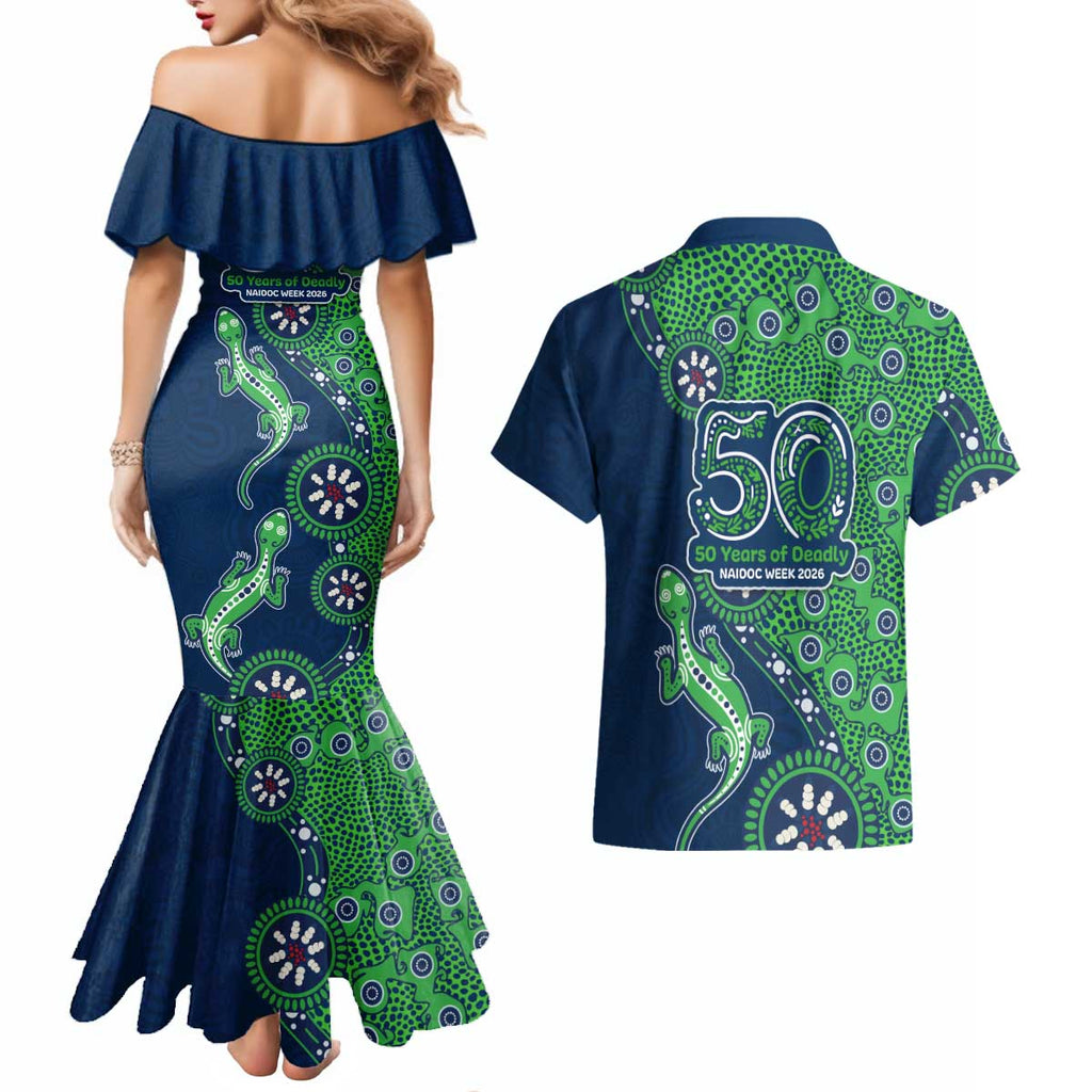 New Zealand Warriors NAIDOC Week 2026 Couples Matching Mermaid Dress and Hawaiian Shirt Aboriginal Lizard Dot Painting - 50 Years of Deadly