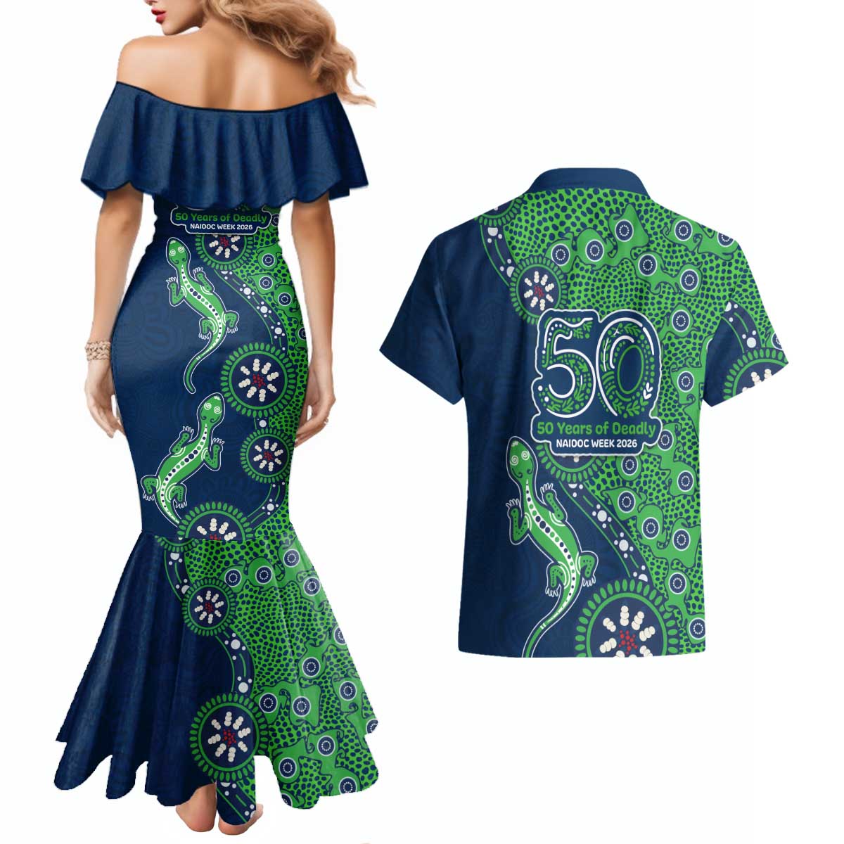 New Zealand Warriors NAIDOC Week 2026 Couples Matching Mermaid Dress and Hawaiian Shirt Aboriginal Lizard Dot Painting - 50 Years of Deadly