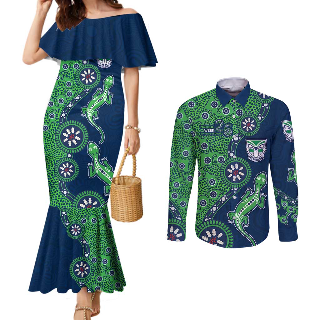 New Zealand Warriors NAIDOC Week 2026 Couples Matching Mermaid Dress and Long Sleeve Button Shirt Aboriginal Lizard Dot Painting - 50 Years of Deadly