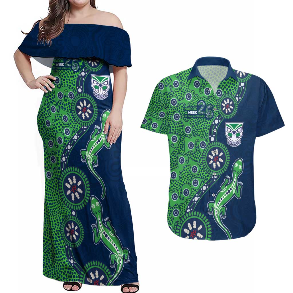New Zealand Warriors NAIDOC Week 2026 Couples Matching Off Shoulder Maxi Dress and Hawaiian Shirt Aboriginal Lizard Dot Painting - 50 Years of Deadly