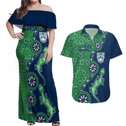 New Zealand Warriors NAIDOC Week 2026 Couples Matching Off Shoulder Maxi Dress and Hawaiian Shirt Aboriginal Lizard Dot Painting - 50 Years of Deadly