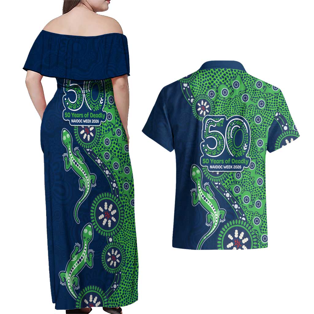 New Zealand Warriors NAIDOC Week 2026 Couples Matching Off Shoulder Maxi Dress and Hawaiian Shirt Aboriginal Lizard Dot Painting - 50 Years of Deadly