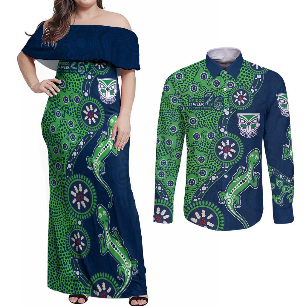 New Zealand Warriors NAIDOC Week 2026 Couples Matching Off Shoulder Maxi Dress and Long Sleeve Button Shirt Aboriginal Lizard Dot Painting - 50 Years of Deadly
