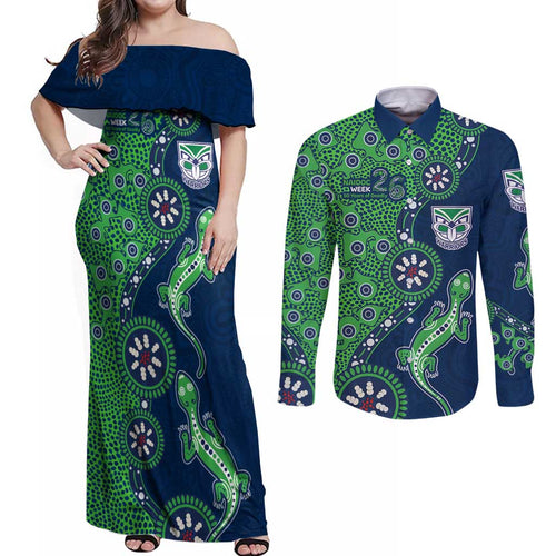 New Zealand Warriors NAIDOC Week 2026 Couples Matching Off Shoulder Maxi Dress and Long Sleeve Button Shirt Aboriginal Lizard Dot Painting - 50 Years of Deadly