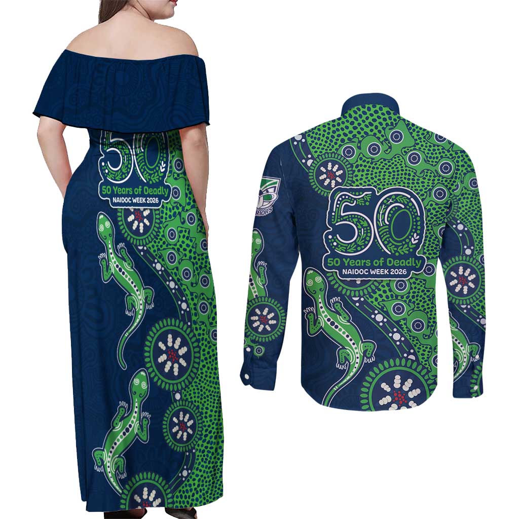 New Zealand Warriors NAIDOC Week 2026 Couples Matching Off Shoulder Maxi Dress and Long Sleeve Button Shirt Aboriginal Lizard Dot Painting - 50 Years of Deadly