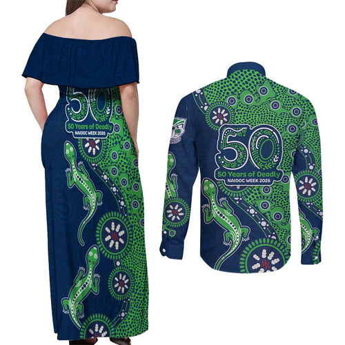 New Zealand Warriors NAIDOC Week 2026 Couples Matching Off Shoulder Maxi Dress and Long Sleeve Button Shirt Aboriginal Lizard Dot Painting - 50 Years of Deadly