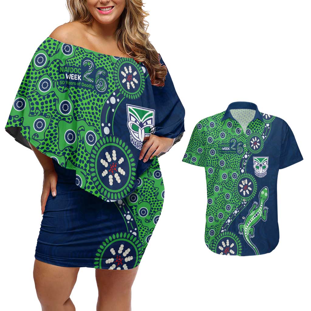 New Zealand Warriors NAIDOC Week 2026 Couples Matching Off Shoulder Short Dress and Hawaiian Shirt Aboriginal Lizard Dot Painting - 50 Years of Deadly