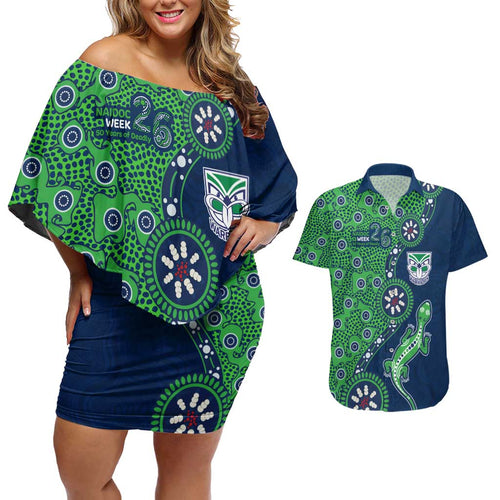 New Zealand Warriors NAIDOC Week 2026 Couples Matching Off Shoulder Short Dress and Hawaiian Shirt Aboriginal Lizard Dot Painting - 50 Years of Deadly