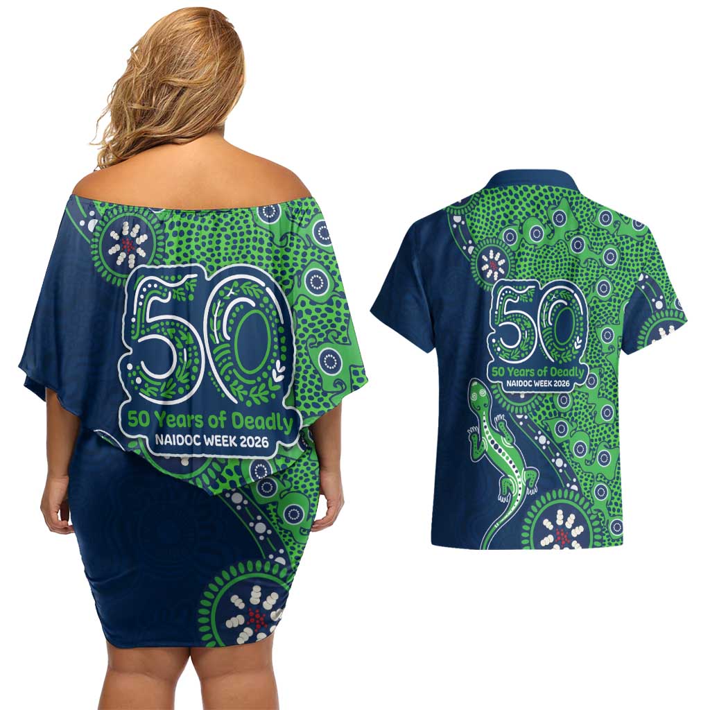 New Zealand Warriors NAIDOC Week 2026 Couples Matching Off Shoulder Short Dress and Hawaiian Shirt Aboriginal Lizard Dot Painting - 50 Years of Deadly