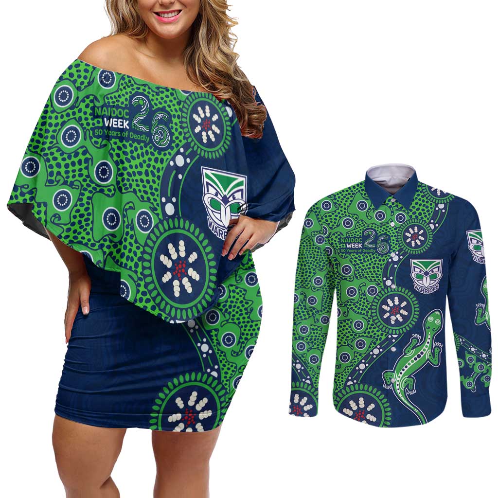 New Zealand Warriors NAIDOC Week 2026 Couples Matching Off Shoulder Short Dress and Long Sleeve Button Shirt Aboriginal Lizard Dot Painting - 50 Years of Deadly