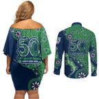 New Zealand Warriors NAIDOC Week 2026 Couples Matching Off Shoulder Short Dress and Long Sleeve Button Shirt Aboriginal Lizard Dot Painting - 50 Years of Deadly