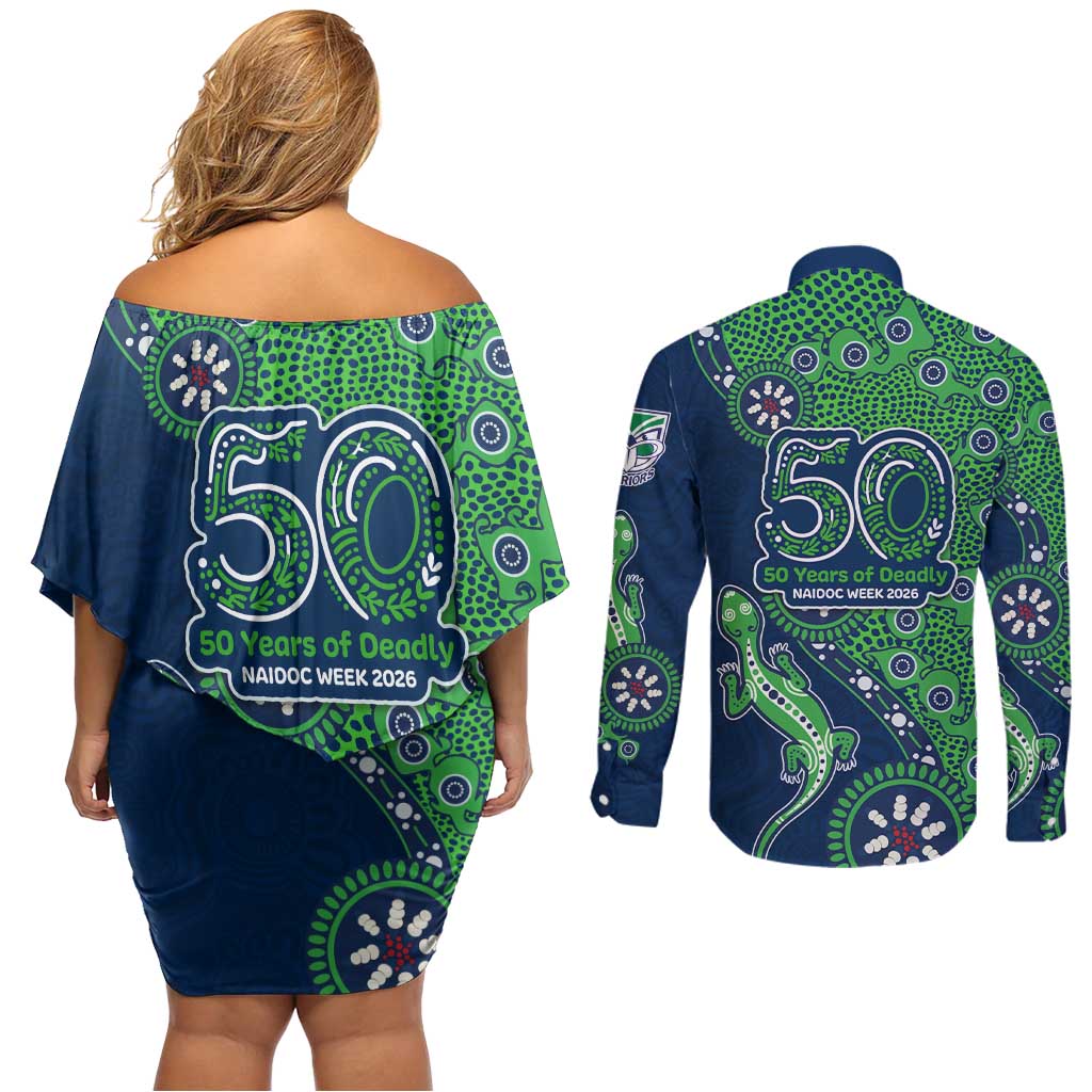 New Zealand Warriors NAIDOC Week 2026 Couples Matching Off Shoulder Short Dress and Long Sleeve Button Shirt Aboriginal Lizard Dot Painting - 50 Years of Deadly