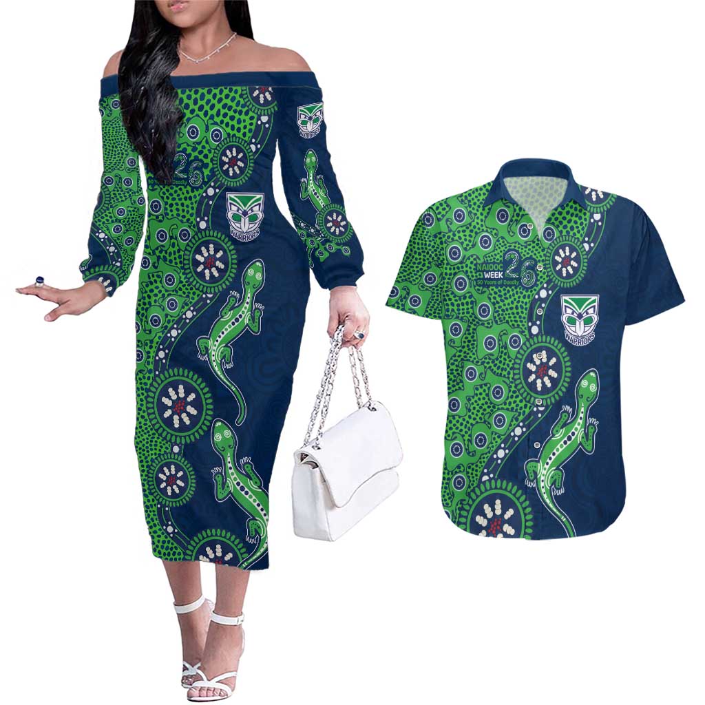 New Zealand Warriors NAIDOC Week 2026 Couples Matching Off The Shoulder Long Sleeve Dress and Hawaiian Shirt Aboriginal Lizard Dot Painting - 50 Years of Deadly