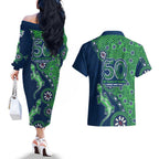 New Zealand Warriors NAIDOC Week 2026 Couples Matching Off The Shoulder Long Sleeve Dress and Hawaiian Shirt Aboriginal Lizard Dot Painting - 50 Years of Deadly