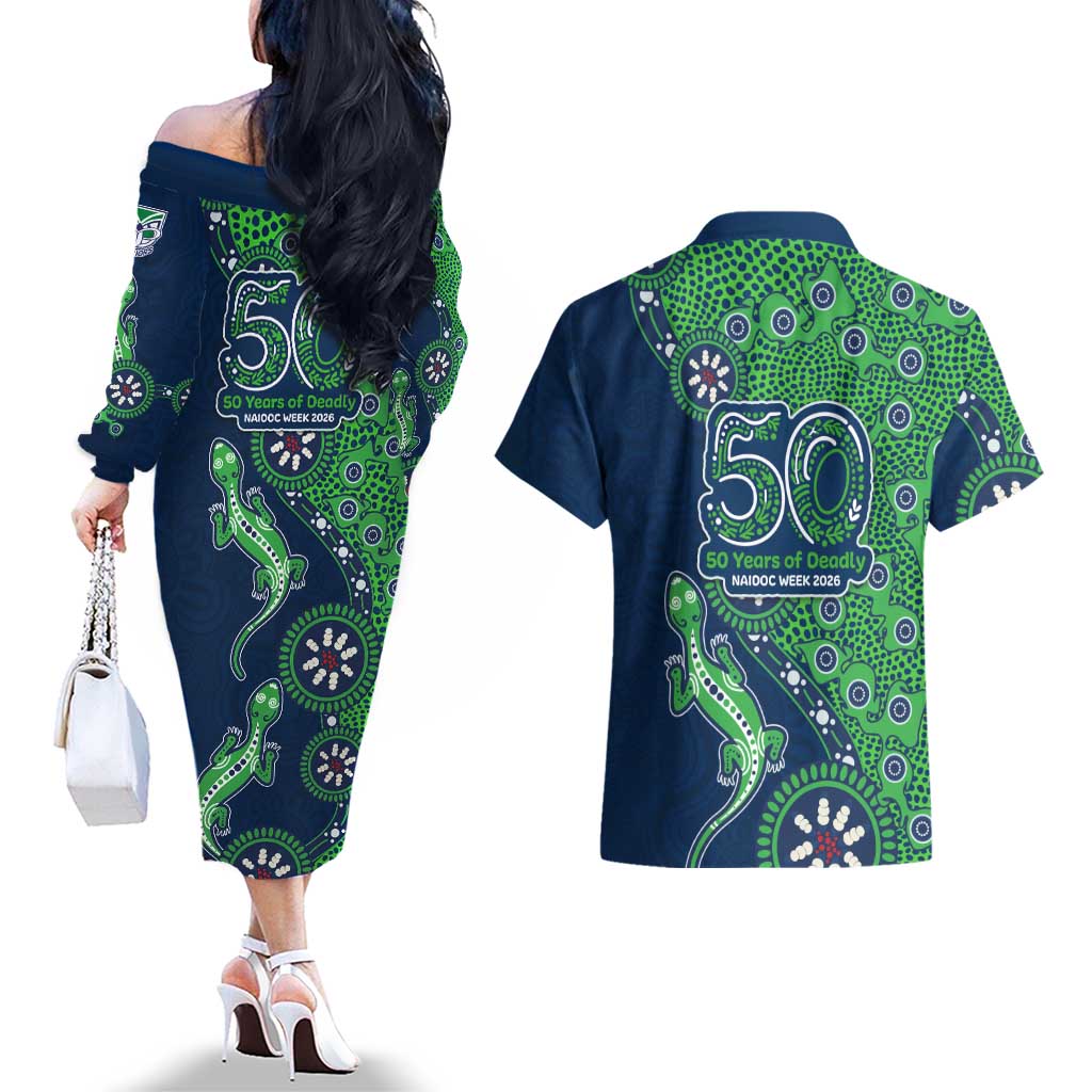 New Zealand Warriors NAIDOC Week 2026 Couples Matching Off The Shoulder Long Sleeve Dress and Hawaiian Shirt Aboriginal Lizard Dot Painting - 50 Years of Deadly