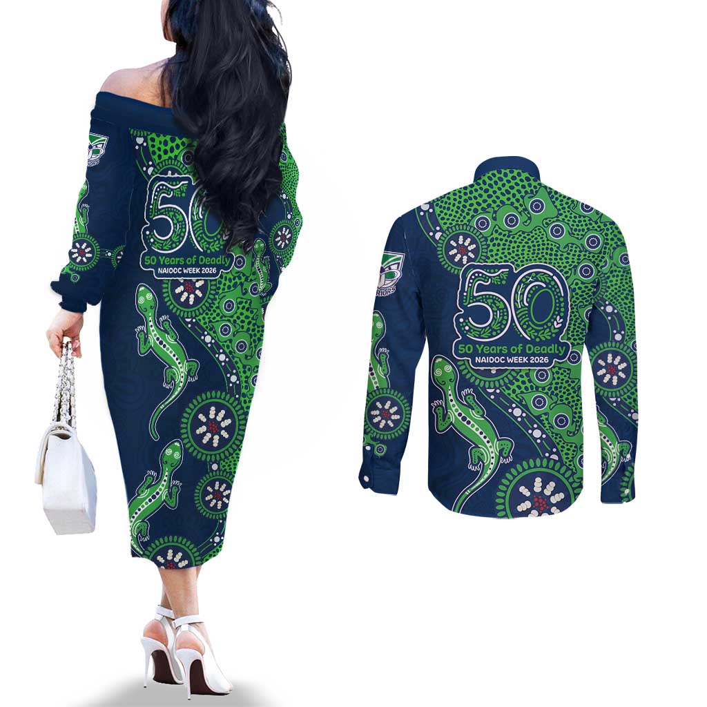 New Zealand Warriors NAIDOC Week 2026 Couples Matching Off The Shoulder Long Sleeve Dress and Long Sleeve Button Shirt Aboriginal Lizard Dot Painting - 50 Years of Deadly