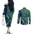New Zealand Warriors NAIDOC Week 2026 Couples Matching Off The Shoulder Long Sleeve Dress and Long Sleeve Button Shirt Aboriginal Lizard Dot Painting - 50 Years of Deadly