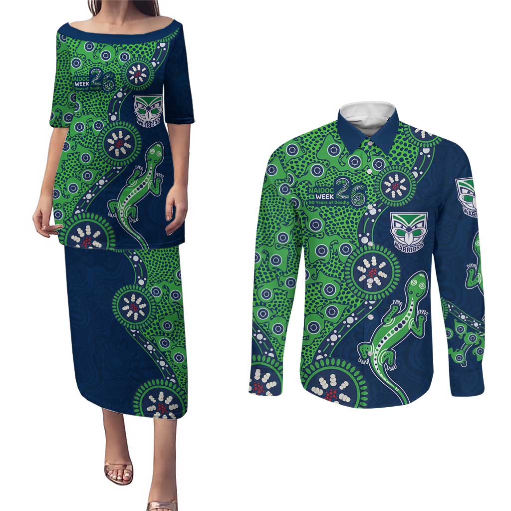 New Zealand Warriors NAIDOC Week 2026 Couples Matching Puletasi and Long Sleeve Button Shirt Aboriginal Lizard Dot Painting - 50 Years of Deadly