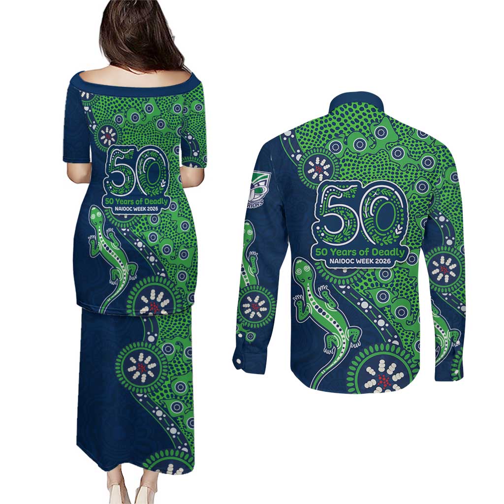 New Zealand Warriors NAIDOC Week 2026 Couples Matching Puletasi and Long Sleeve Button Shirt Aboriginal Lizard Dot Painting - 50 Years of Deadly