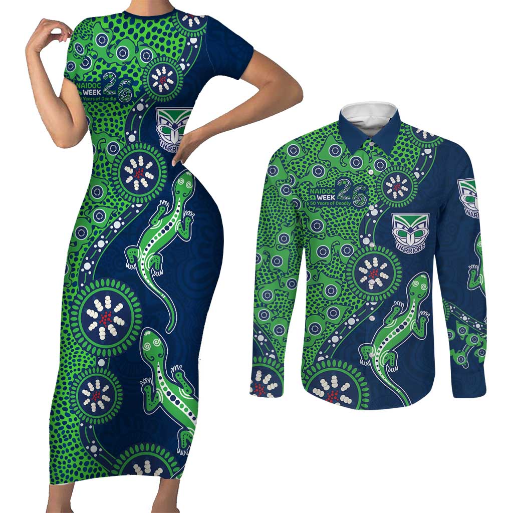 New Zealand Warriors NAIDOC Week 2026 Couples Matching Short Sleeve Bodycon Dress and Long Sleeve Button Shirt Aboriginal Lizard Dot Painting - 50 Years of Deadly