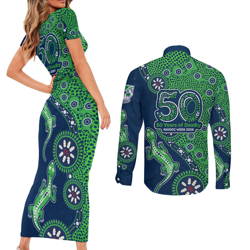 New Zealand Warriors NAIDOC Week 2026 Couples Matching Short Sleeve Bodycon Dress and Long Sleeve Button Shirt Aboriginal Lizard Dot Painting - 50 Years of Deadly