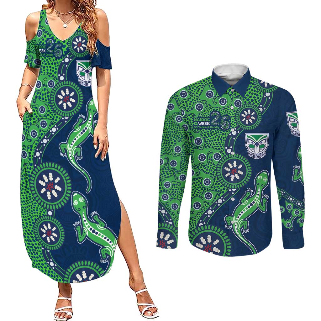 New Zealand Warriors NAIDOC Week 2026 Couples Matching Summer Maxi Dress and Long Sleeve Button Shirt Aboriginal Lizard Dot Painting - 50 Years of Deadly