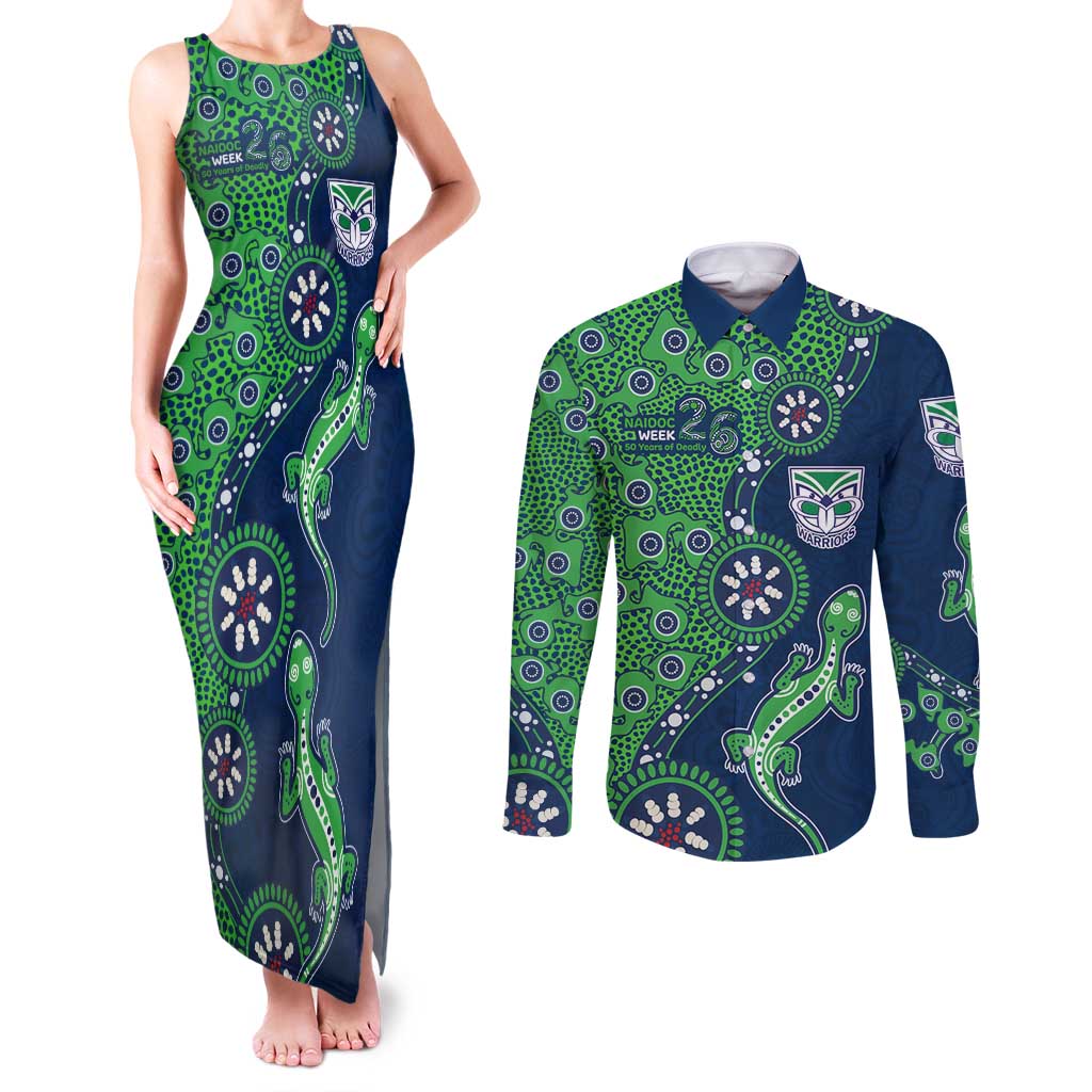 New Zealand Warriors NAIDOC Week 2026 Couples Matching Tank Maxi Dress and Long Sleeve Button Shirt Aboriginal Lizard Dot Painting - 50 Years of Deadly