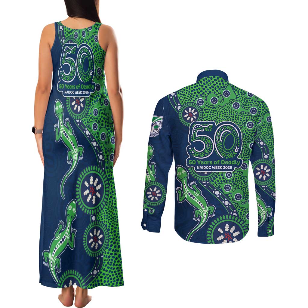 New Zealand Warriors NAIDOC Week 2026 Couples Matching Tank Maxi Dress and Long Sleeve Button Shirt Aboriginal Lizard Dot Painting - 50 Years of Deadly