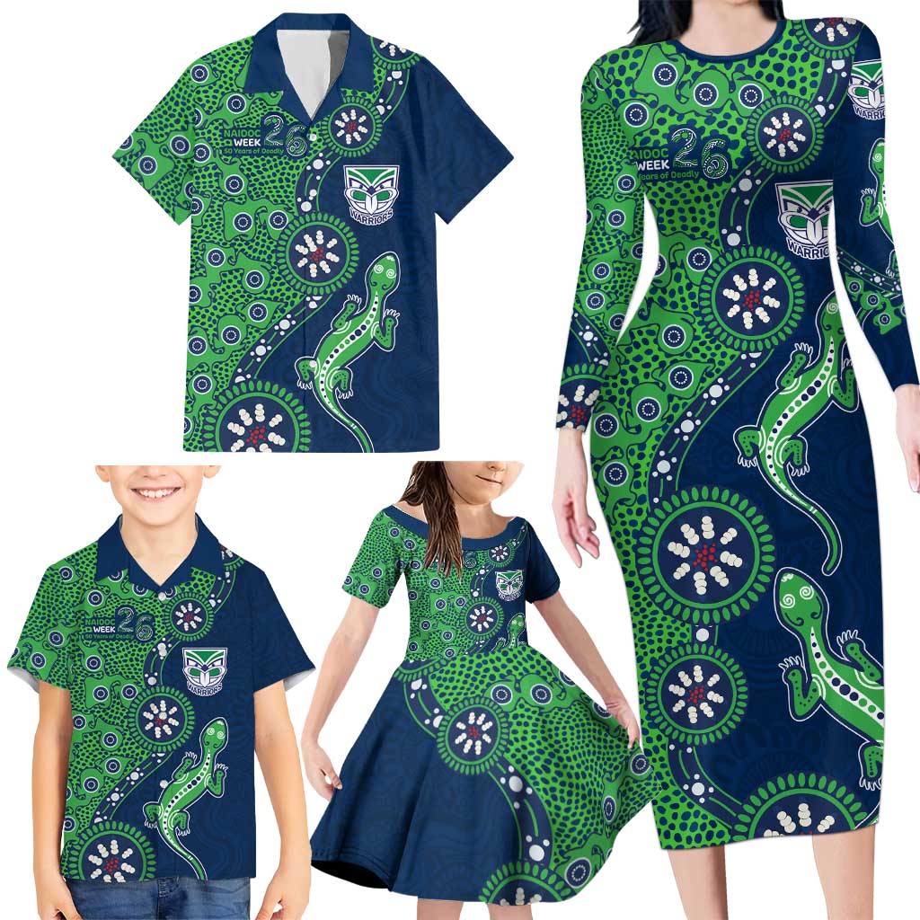 New Zealand Warriors NAIDOC Week 2026 Family Matching Long Sleeve Bodycon Dress and Hawaiian Shirt Aboriginal Lizard Dot Painting - 50 Years of Deadly
