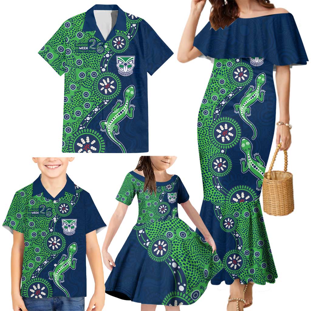 New Zealand Warriors NAIDOC Week 2026 Family Matching Mermaid Dress and Hawaiian Shirt Aboriginal Lizard Dot Painting - 50 Years of Deadly