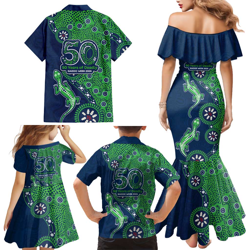 New Zealand Warriors NAIDOC Week 2026 Family Matching Mermaid Dress and Hawaiian Shirt Aboriginal Lizard Dot Painting - 50 Years of Deadly