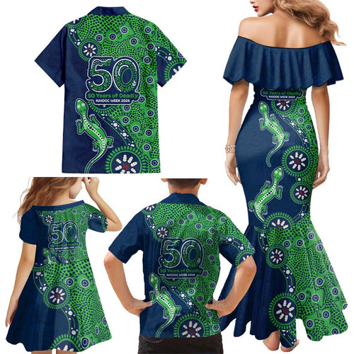 New Zealand Warriors NAIDOC Week 2026 Family Matching Mermaid Dress and Hawaiian Shirt Aboriginal Lizard Dot Painting - 50 Years of Deadly