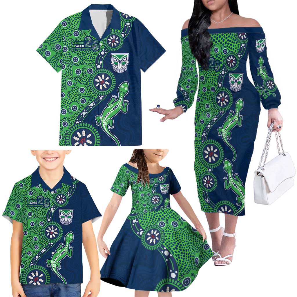New Zealand Warriors NAIDOC Week 2026 Family Matching Off The Shoulder Long Sleeve Dress and Hawaiian Shirt Aboriginal Lizard Dot Painting - 50 Years of Deadly