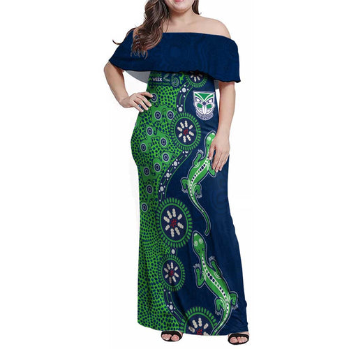 New Zealand Warriors NAIDOC Week 2026 Family Matching Off Shoulder Maxi Dress and Hawaiian Shirt Aboriginal Lizard Dot Painting - 50 Years of Deadly