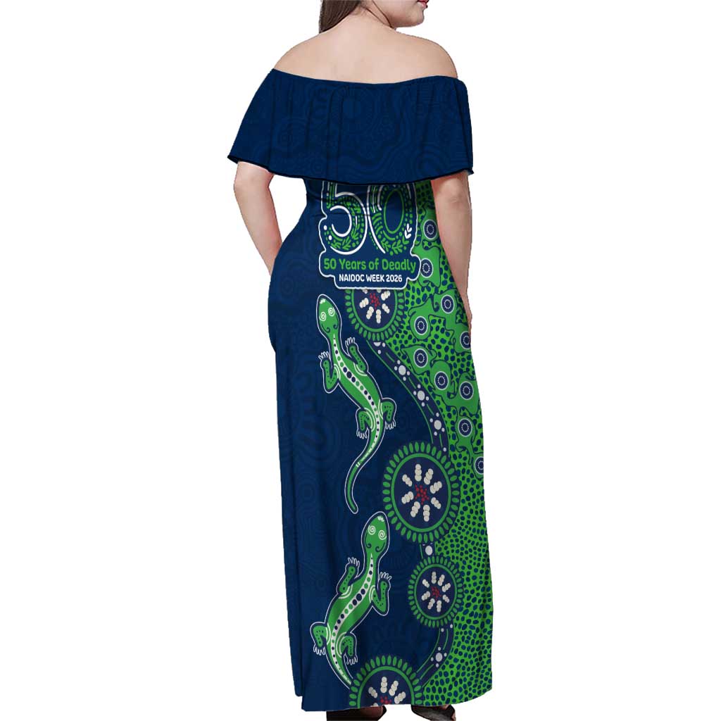New Zealand Warriors NAIDOC Week 2026 Family Matching Off Shoulder Maxi Dress and Hawaiian Shirt Aboriginal Lizard Dot Painting - 50 Years of Deadly