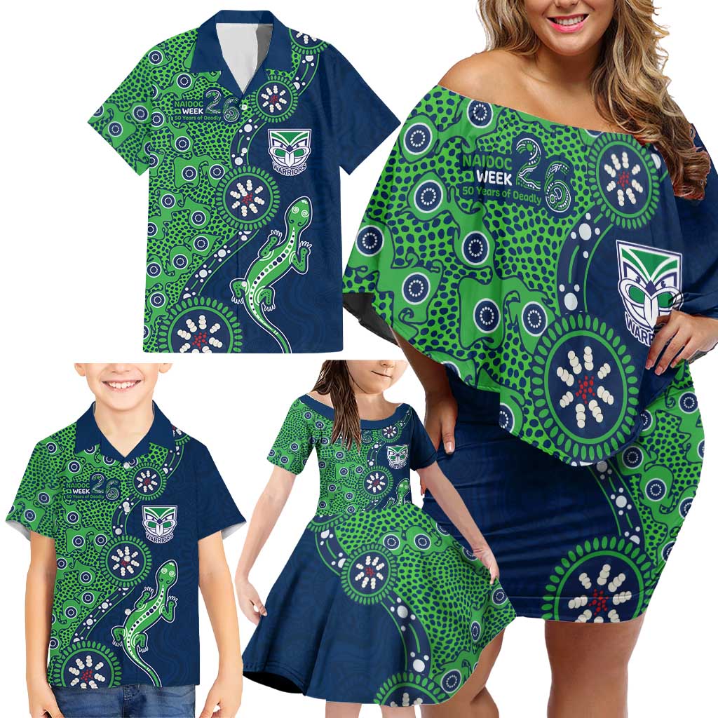 New Zealand Warriors NAIDOC Week 2026 Family Matching Off Shoulder Short Dress and Hawaiian Shirt Aboriginal Lizard Dot Painting - 50 Years of Deadly