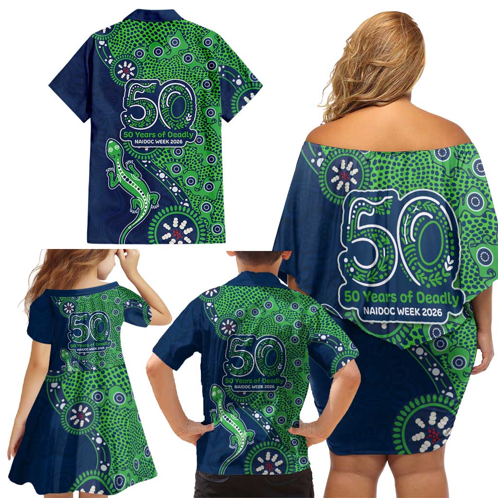 New Zealand Warriors NAIDOC Week 2026 Family Matching Off Shoulder Short Dress and Hawaiian Shirt Aboriginal Lizard Dot Painting - 50 Years of Deadly