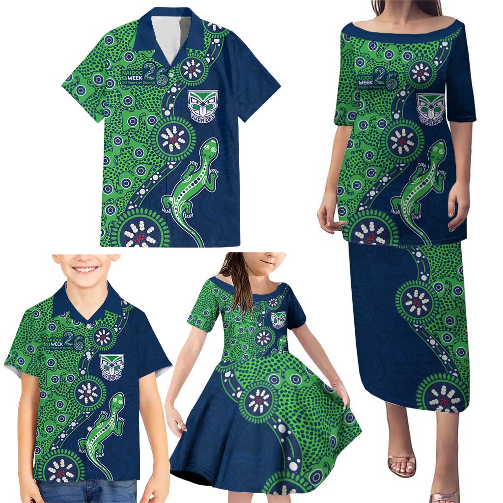 New Zealand Warriors NAIDOC Week 2026 Family Matching Puletasi and Hawaiian Shirt Aboriginal Lizard Dot Painting - 50 Years of Deadly