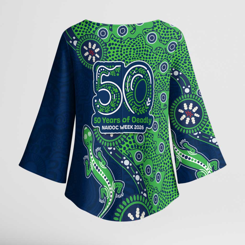 New Zealand Warriors NAIDOC Week 2026 Kimono Sleeve Blouse Aboriginal Lizard Dot Painting - 50 Years of Deadly