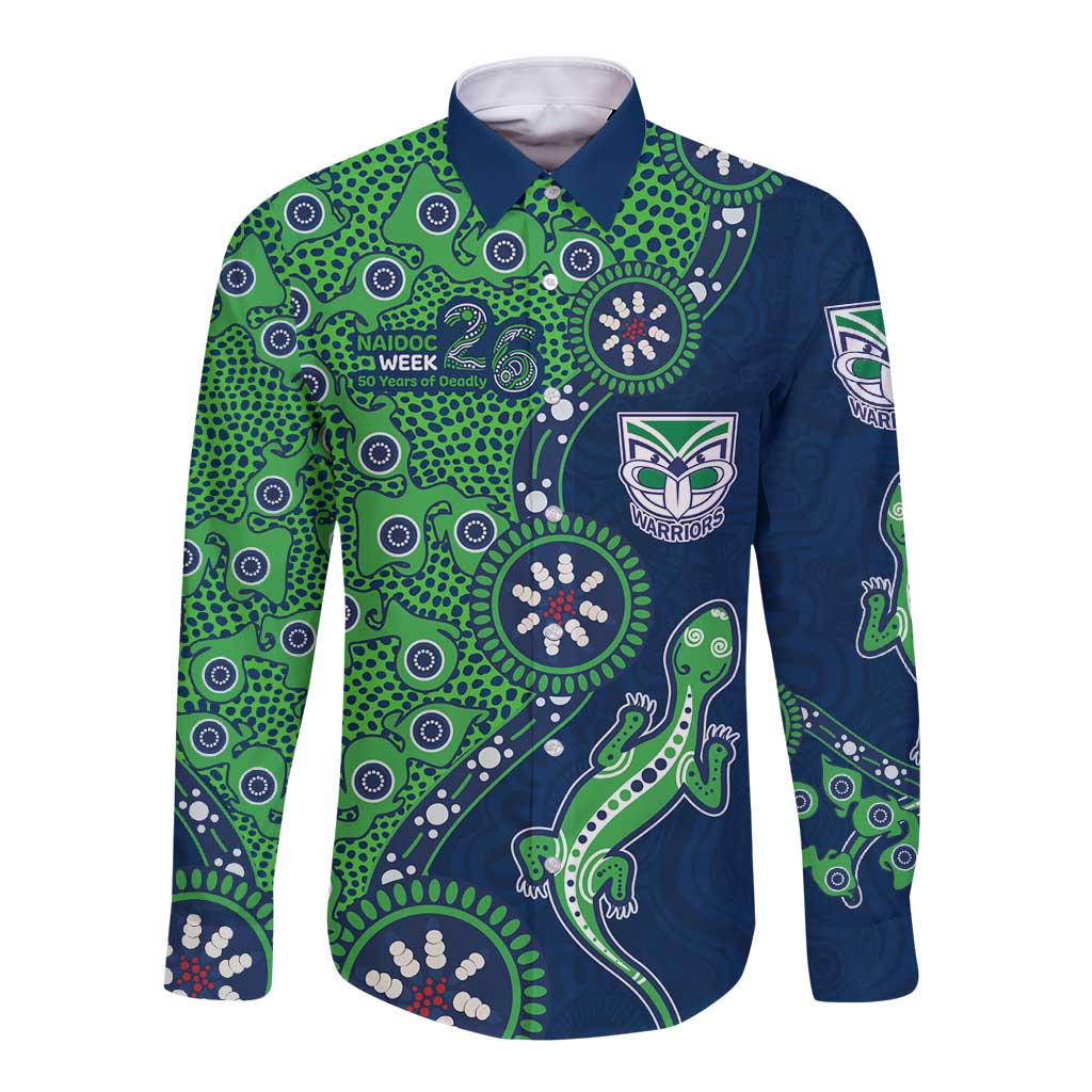 New Zealand Warriors NAIDOC Week 2026 Long Sleeve Button Shirt Aboriginal Lizard Dot Painting - 50 Years of Deadly